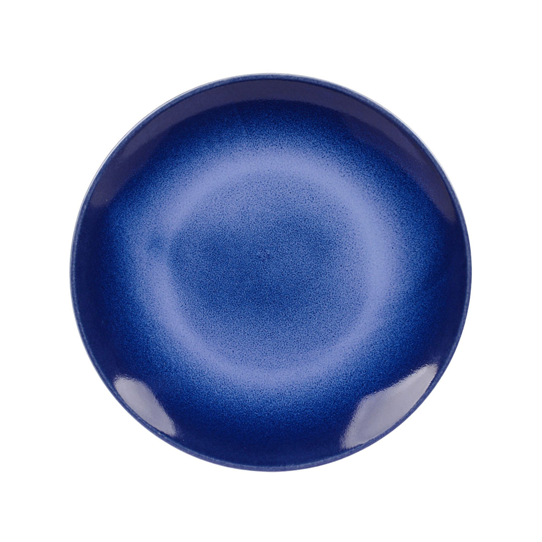 Top view of blue ceramic plate showing circular tonal glaze pattern.