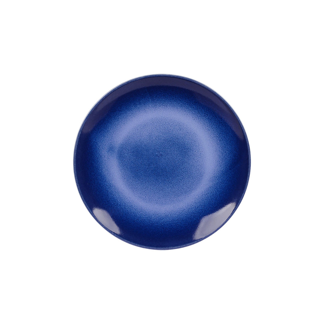 Top view of blue ceramic dessert plate showing circular tonal glaze pattern.