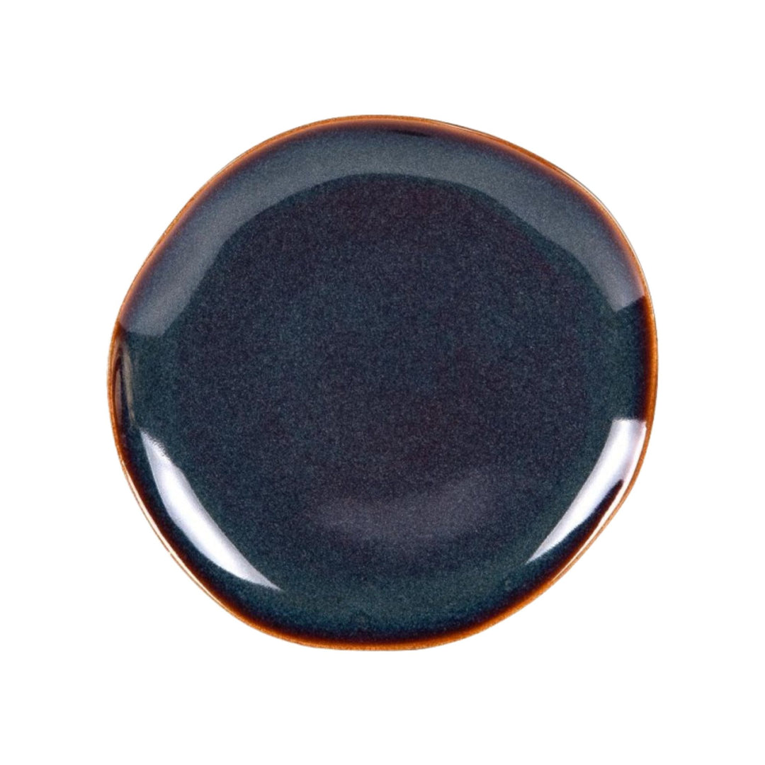 Top view of Blue Symphony ceramic dessert plate with rich blue finish and contrast edge.