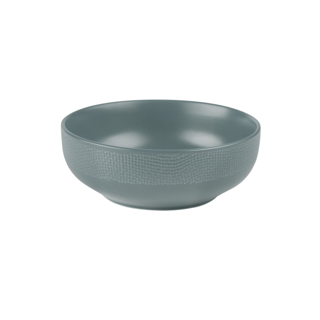 Blue Vesuvio ceramic bowl with smooth interior and textured exterior.
