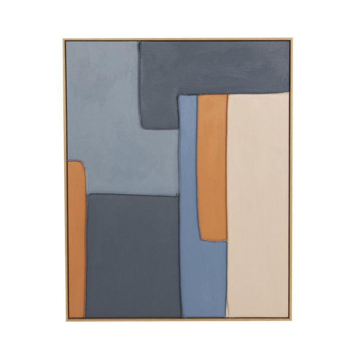 Front view of the Blue Composition wall art showing its hand-painted abstract shapes in blue and neutral tones.