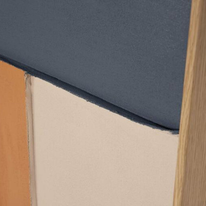 Close-up of the hand-painted abstract composition in blue, neutral, and earthy tones.