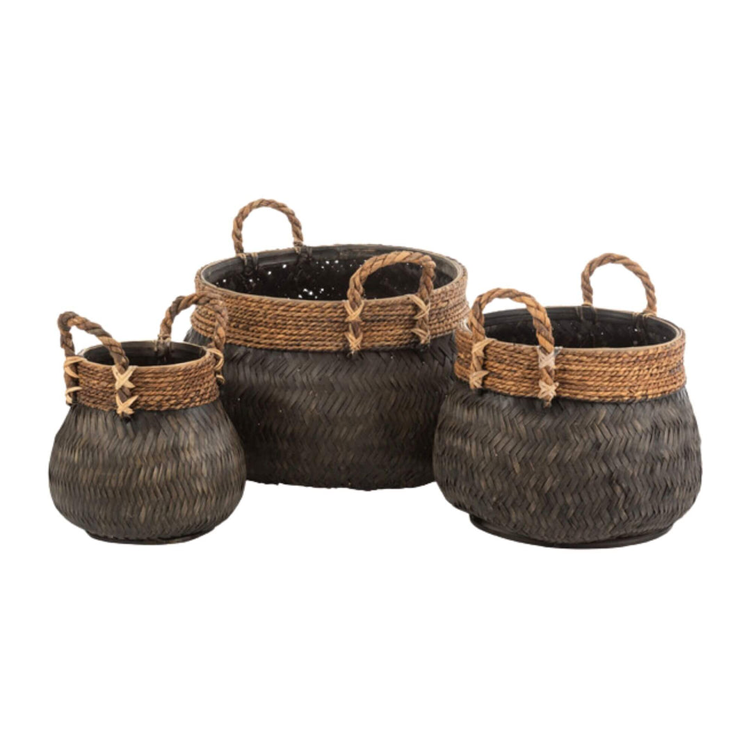 Set of Bly baskets in black with natural trim, three sizes