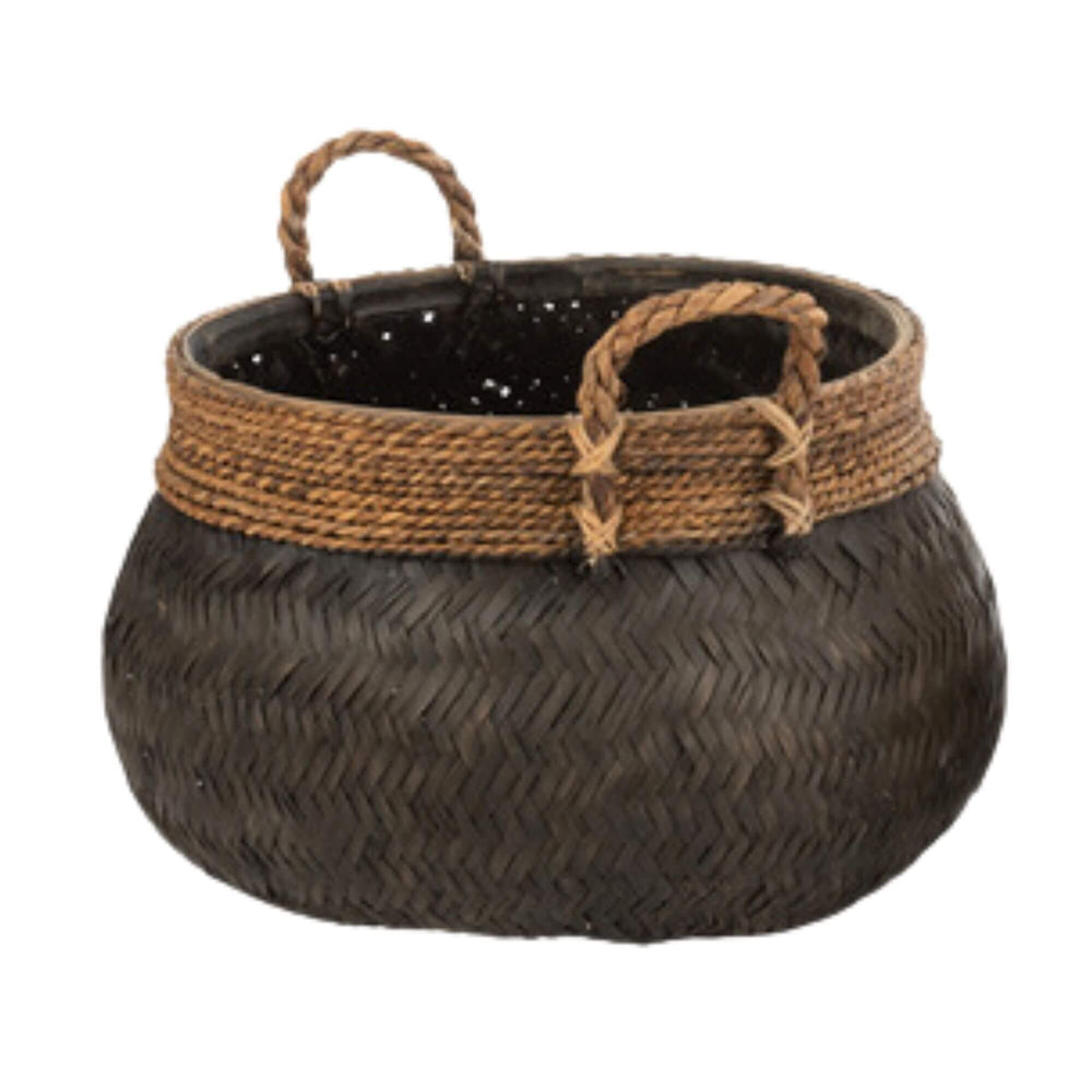 Large black Bly basket with woven natural fiber handles