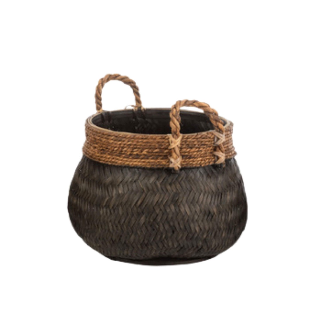 Medium Bly basket in black rattan with natural bamboo accent
