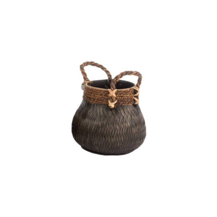 Small black Bly basket, rounded base with rustic trim