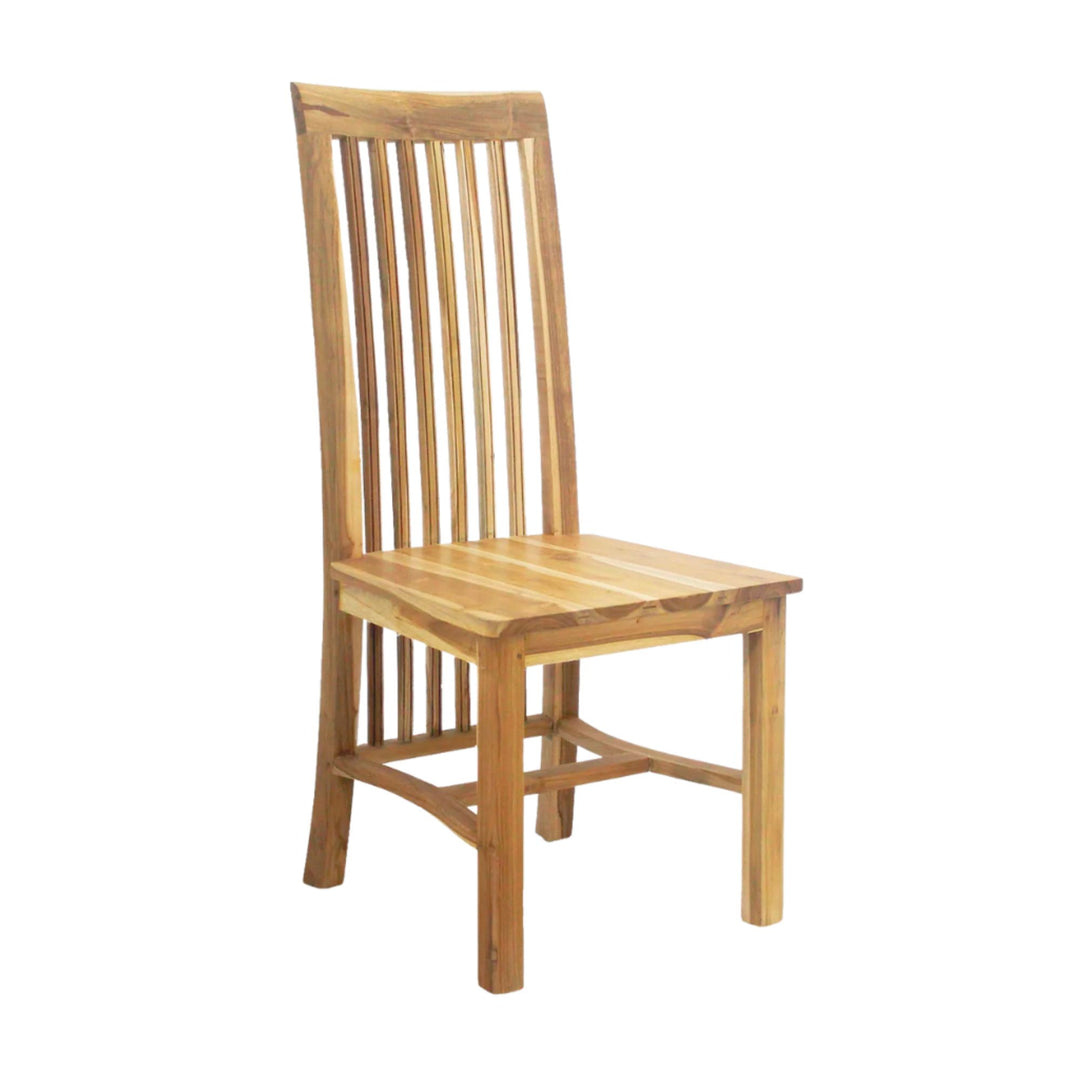 Angled view of the Boano Teak Dining Chair made of solid natural teak wood.