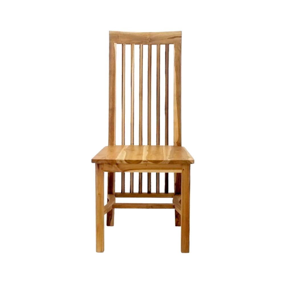Front view of the Boano Teak Dining Chair with vertical teak slats and natural grain.