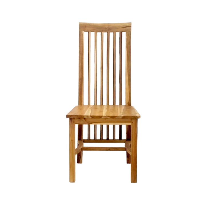 Front view of the Boano Teak Dining Chair with vertical teak slats and natural grain.