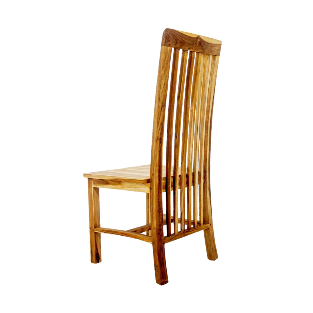 Side angled view of the Boano Teak Dining Chair highlighting the tall curved backrest.