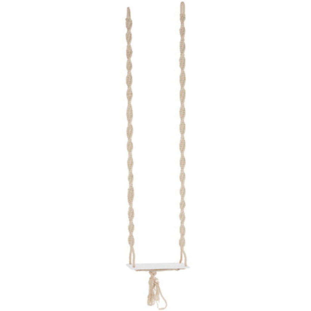 Full-length view of Boho Macrame Hanger with hanging ropes and wooden base.