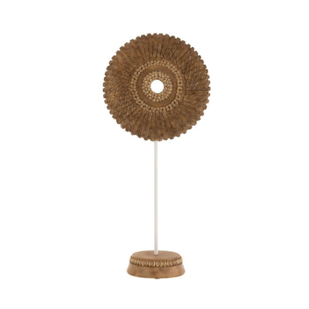 Large Boho Weel Stand Natural showing detailed shell patterns on carved wooden wheel.