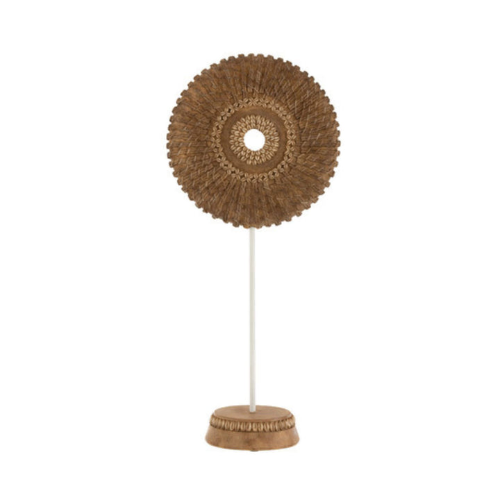 Large Boho Weel Stand Natural showing detailed shell patterns on carved wooden wheel.