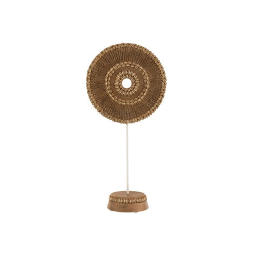 Small Boho Weel Stand Natural with carved wooden wheel and shell detailing.