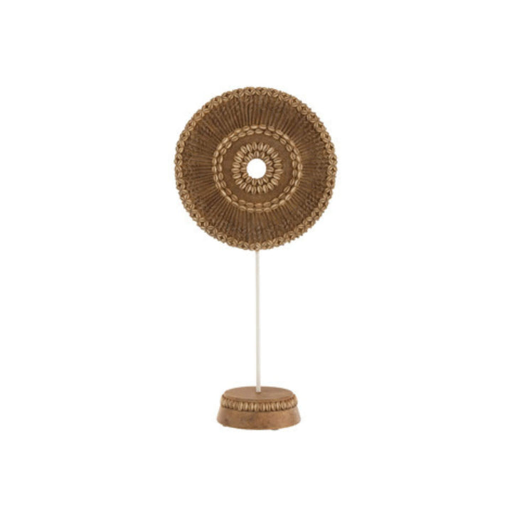Small Boho Weel Stand Natural with carved wooden wheel and shell detailing.