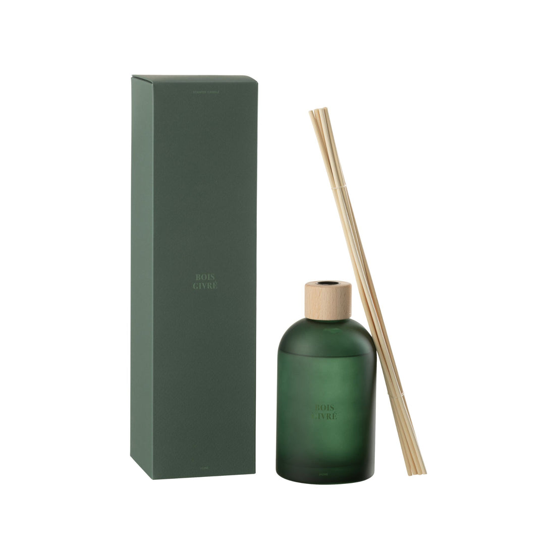 Front view of the Bois Givré Diffuser with green glass bottle and natural reed sticks.