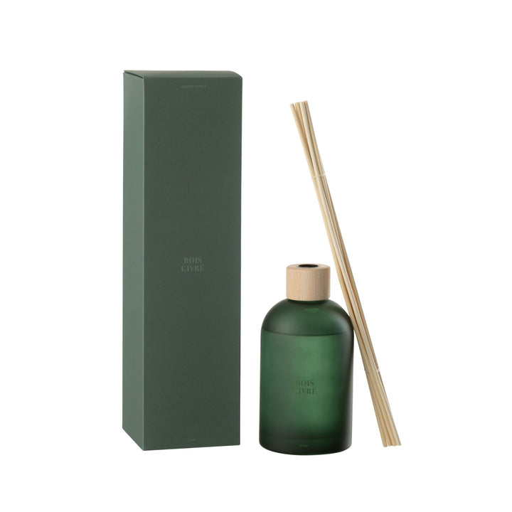 Front view of the Bois Givré Diffuser with green glass bottle and natural reed sticks.
