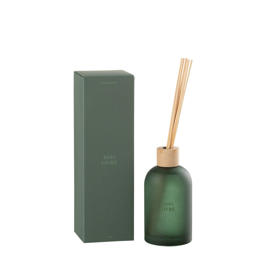Front view of the Bois Givré Diffuser with green glass bottle and natural reed sticks.