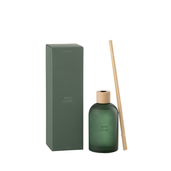 Front view of the Bois Givré Diffuser with green glass bottle and natural reed sticks.