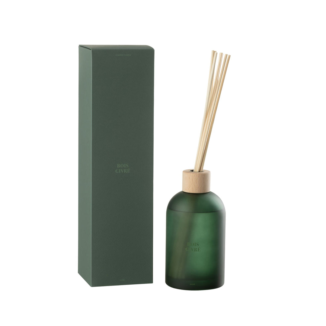 Front view of the Bois Givré Diffuser with green glass bottle and natural reed sticks.