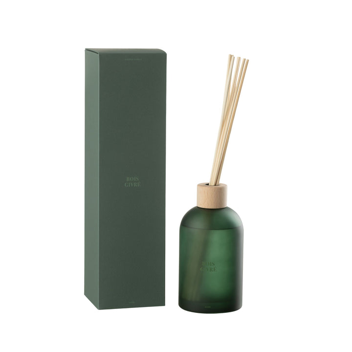 Front view of the Bois Givré Diffuser with green glass bottle and natural reed sticks.