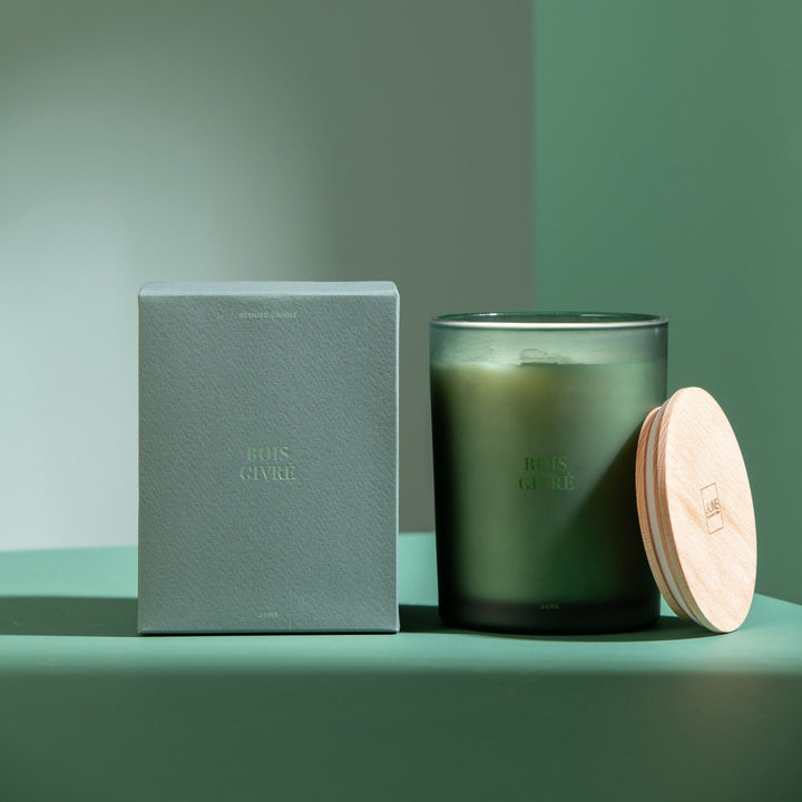 Candle and packaging set of the Bois Givré scented candle displayed in a winter-inspired scene.
