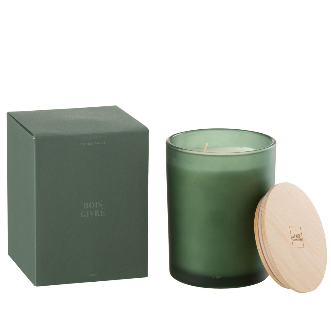 Front view of the Bois Givré scented candle with frosted green glass and wooden lid.