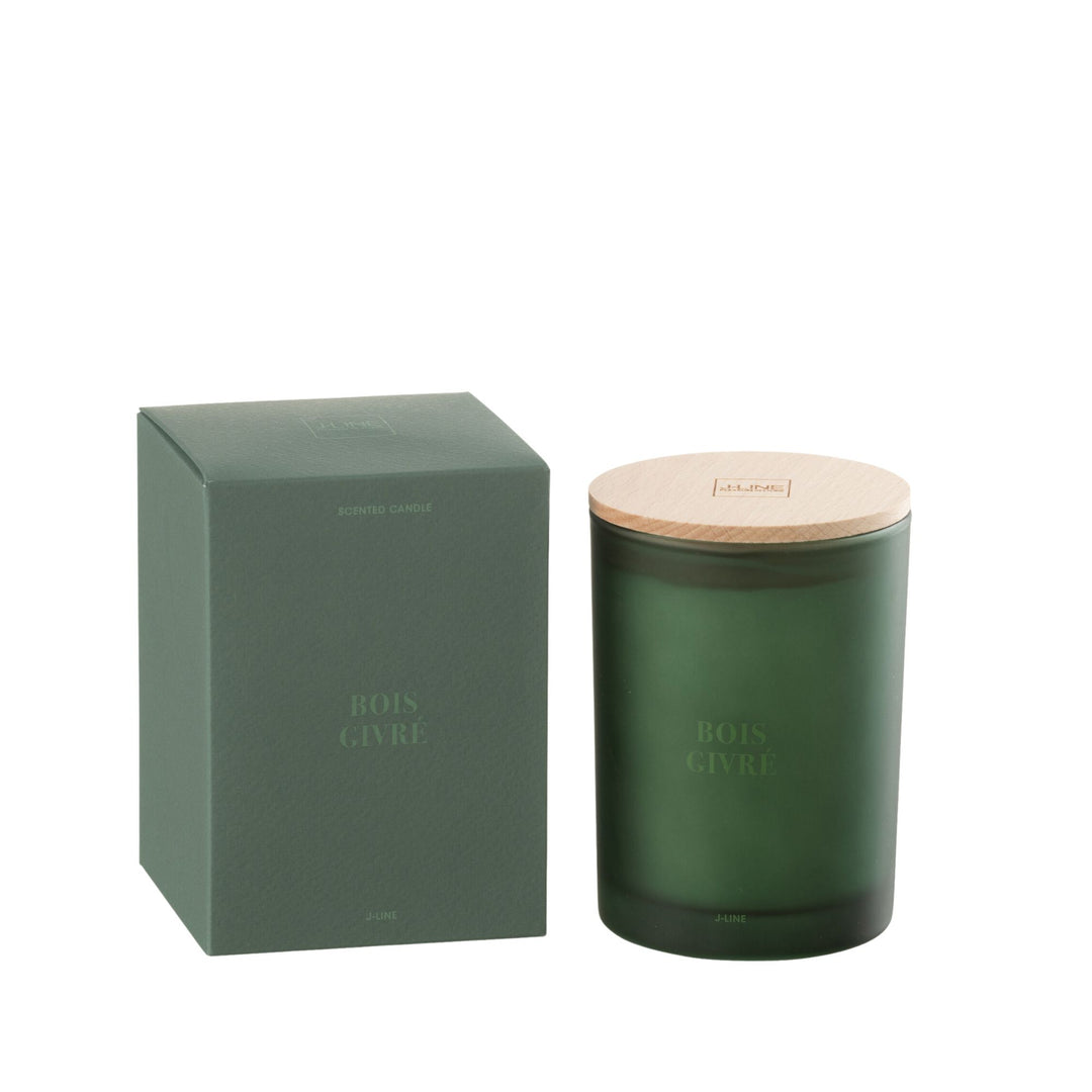 Front view of the Bois Givré scented candle with frosted green glass and wooden lid.