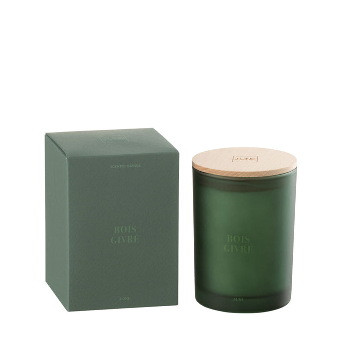 Front view of the Bois Givré scented candle with frosted green glass and wooden lid.