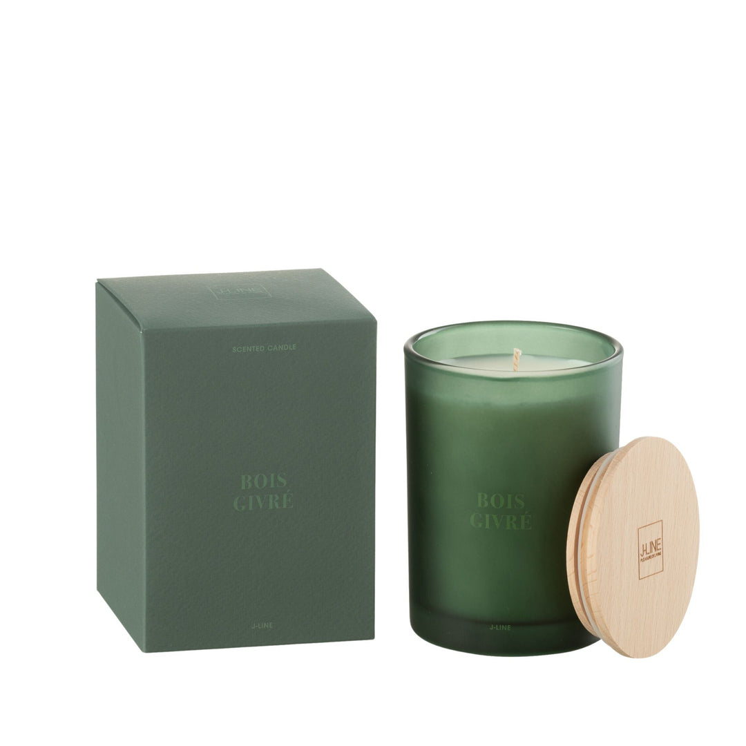 Front view of the Bois Givré scented candle with frosted green glass and wooden lid.