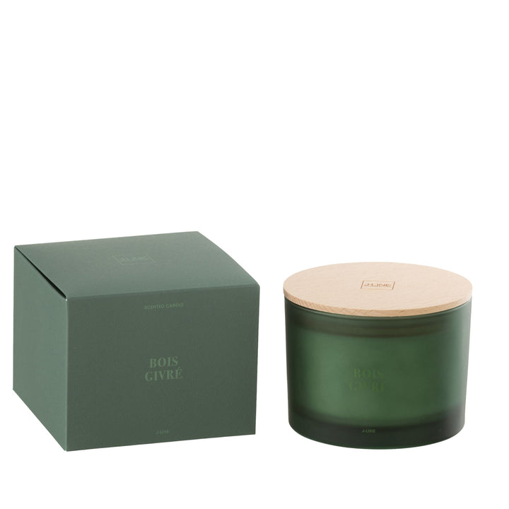 Front view of the Bois Givré scented candle with frosted green glass and wooden lid.