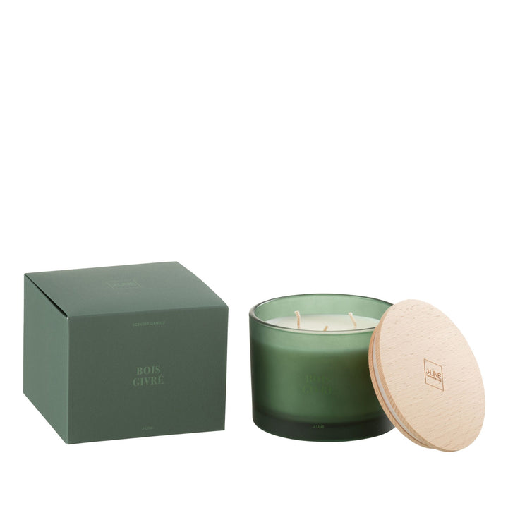Front view of the Bois Givré scented candle with frosted green glass and wooden lid.