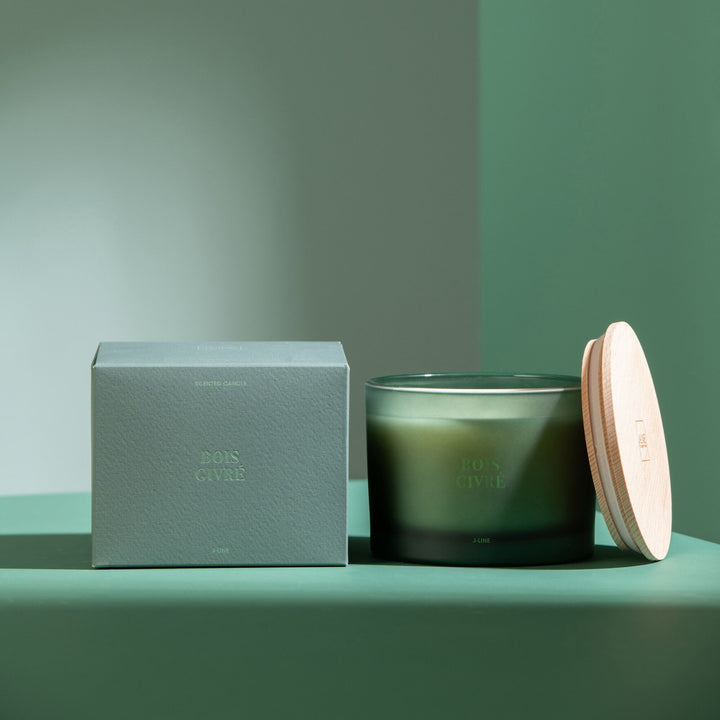 Candle and packaging set of the Bois Givré scented candle displayed in a winter-inspired scene.