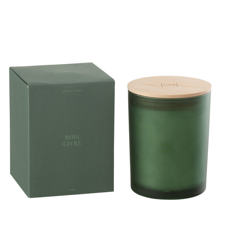 Front view of the Bois Givré scented candle with frosted green glass and wooden lid.