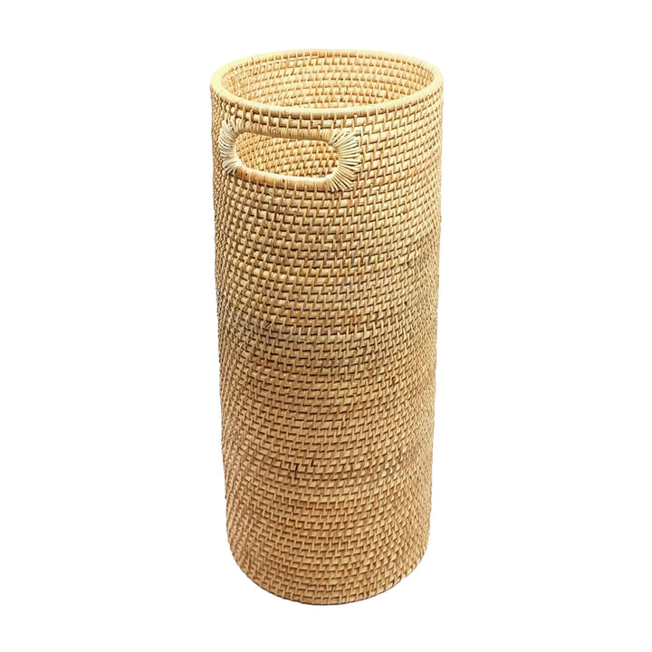 Side view of handwoven Bombay Rattan Basket with integrated handles