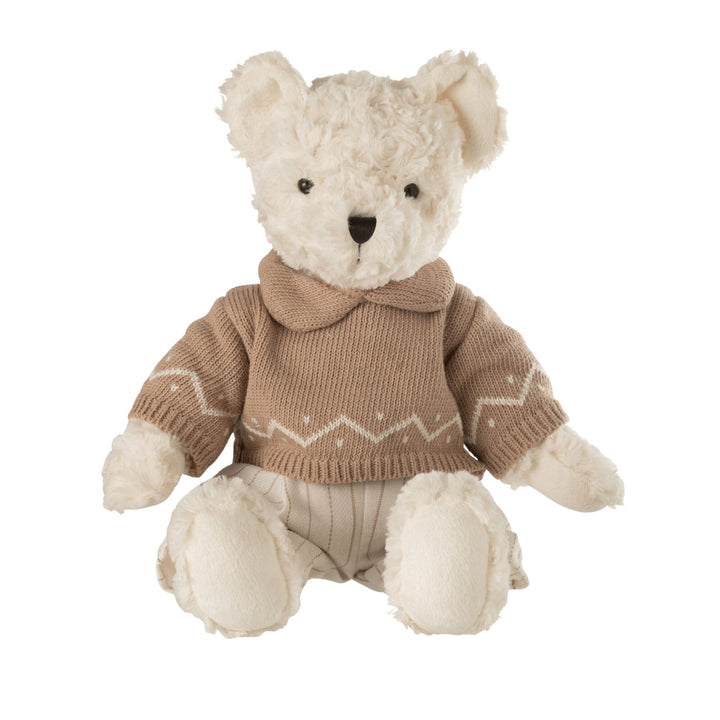 Front view of the large Clyde bear figure with fabric clothing.