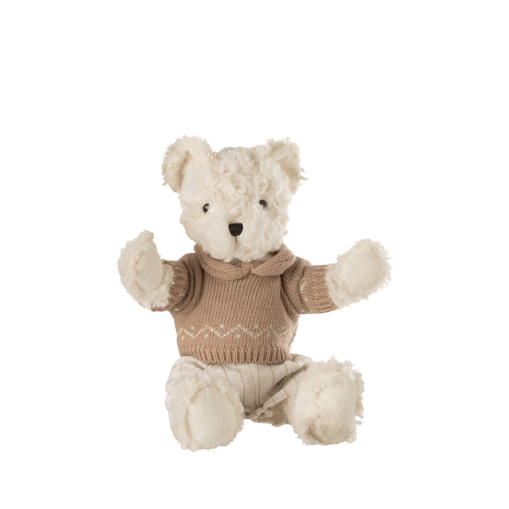 Front view of the large Clyde bear figure with fabric clothing.