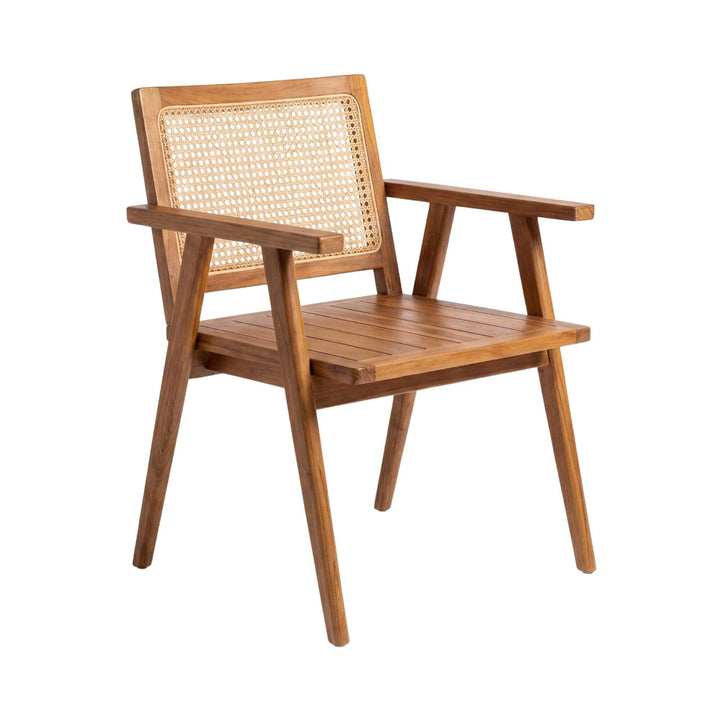 Front view of the Bora Bora teak wood and rattan armchair showing its angled frame and woven backrest.