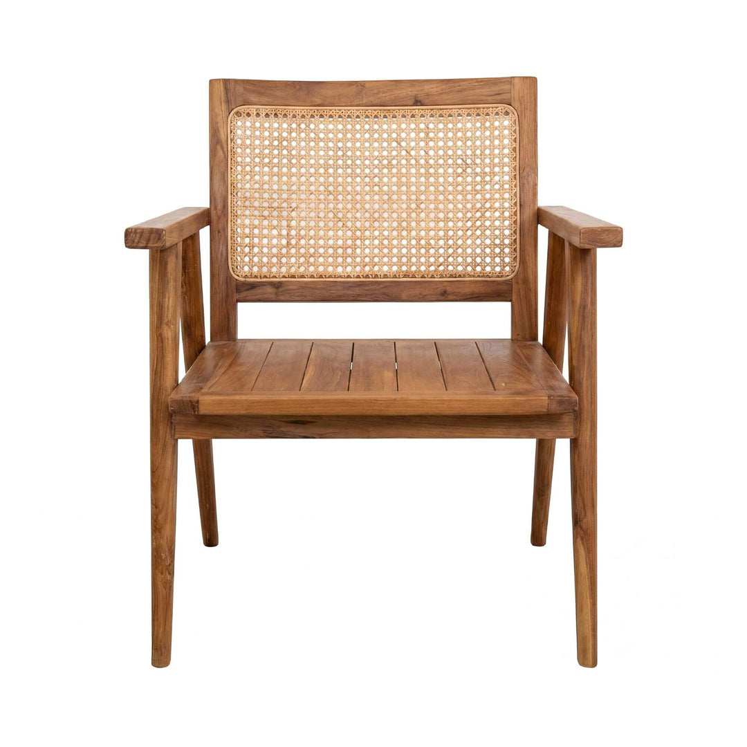 Front view of the armchair highlighting its solid teak seat, armrests, and woven rattan back.