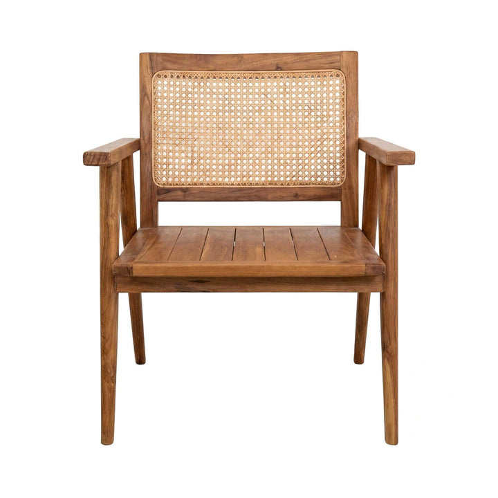 Front view of the armchair highlighting its solid teak seat, armrests, and woven rattan back.