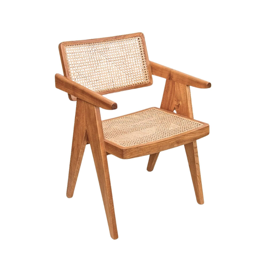 Bora Bora dining chair featuring natural teak frame and woven rattan seat and backrest.