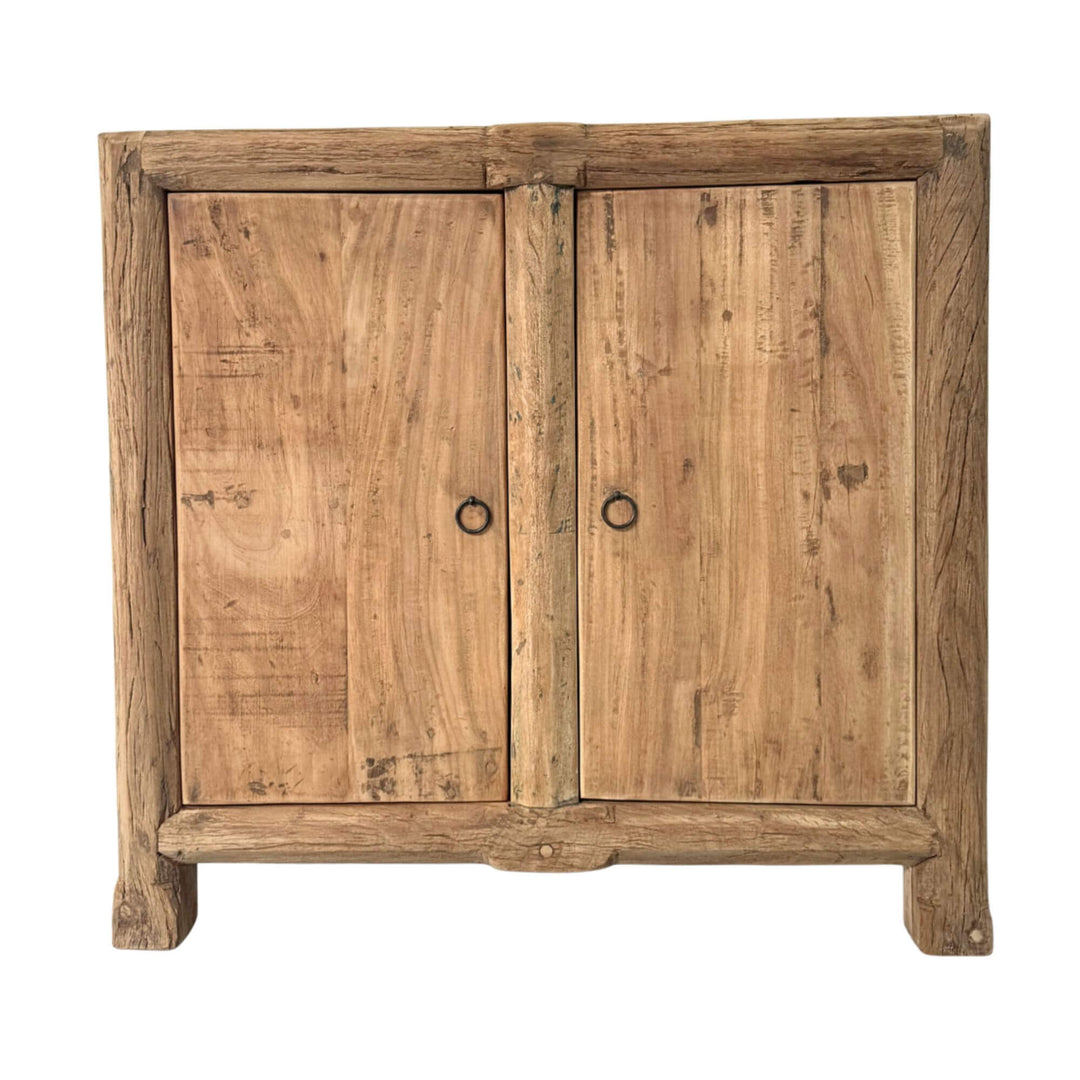 Front view of the Borgo Teak Buffet showing natural teak tones and grain patterns.