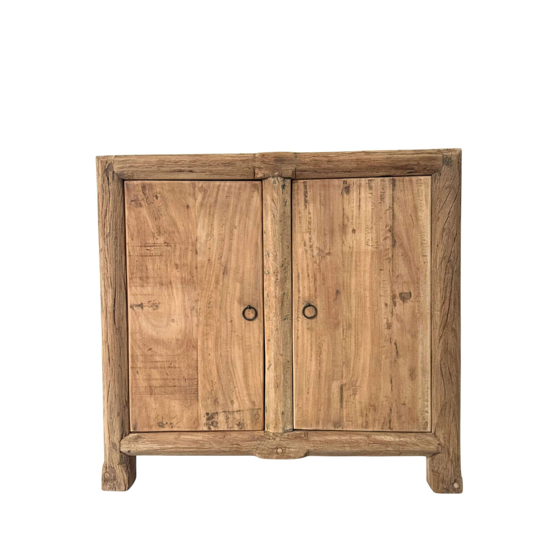 Front view of Borgo teak buffet showing its compact two-door design in recycled teak wood.