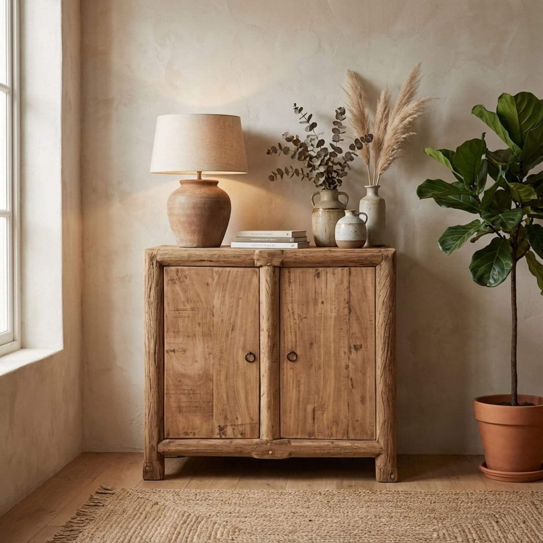 Styled interior scene featuring the Borgo buffet in a warm, natural living space.