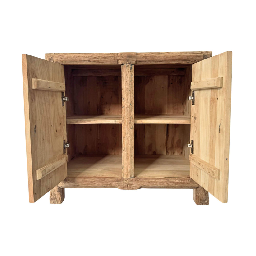 Interior view of the Borgo Teak Buffet with open doors and storage compartments.