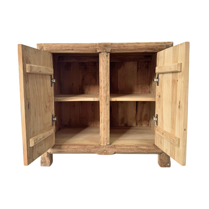 Interior view of the Borgo Teak Buffet with open doors and storage compartments.