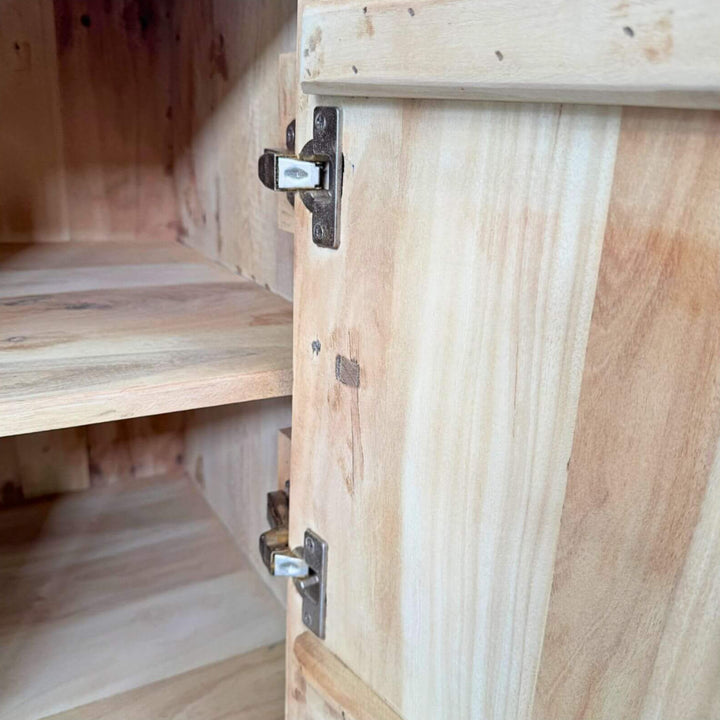 Close-up of the Borgo Teak Buffet interior shelving in solid teak wood.