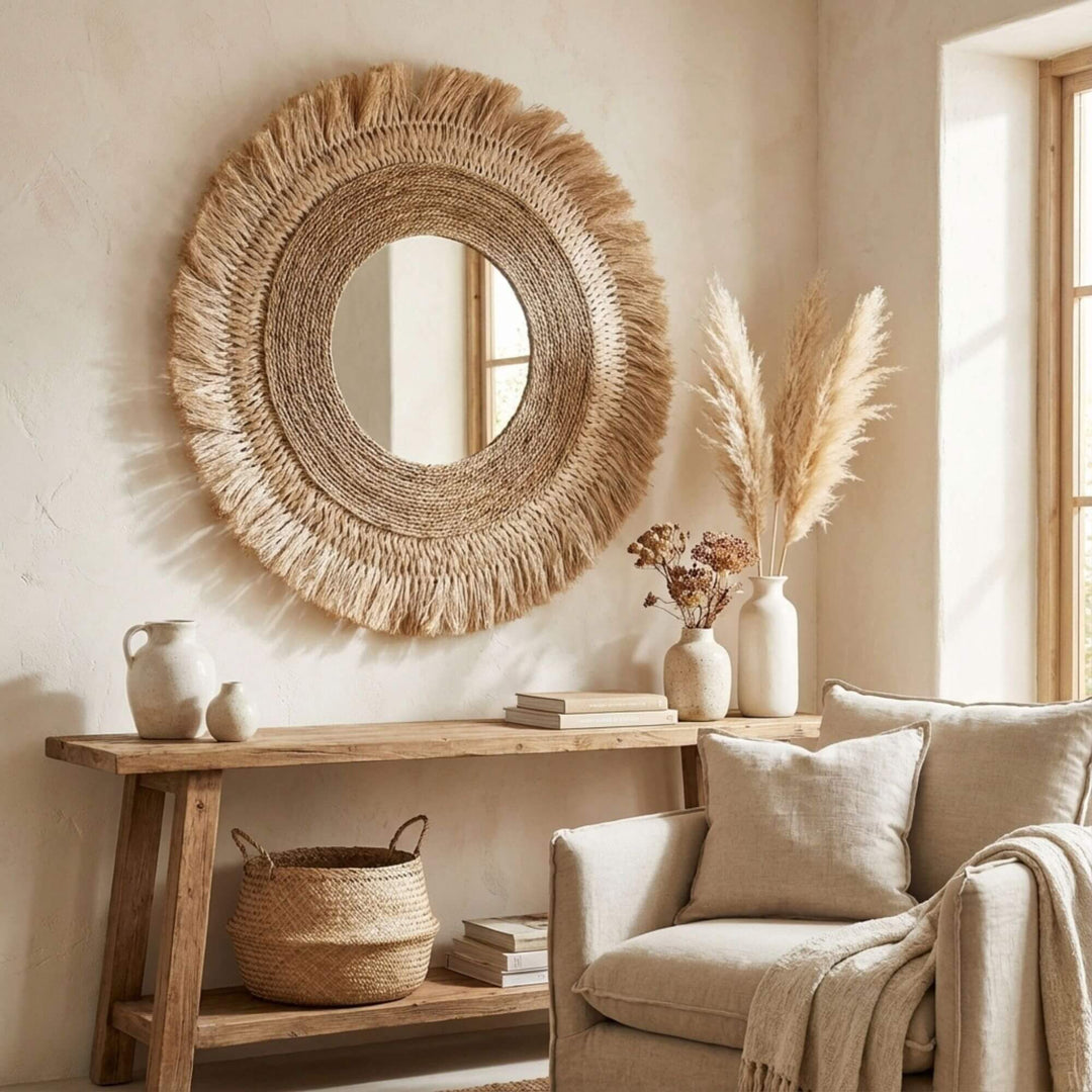 Styled interior featuring the Borobudur mirror as a statement wall piece above a console table.