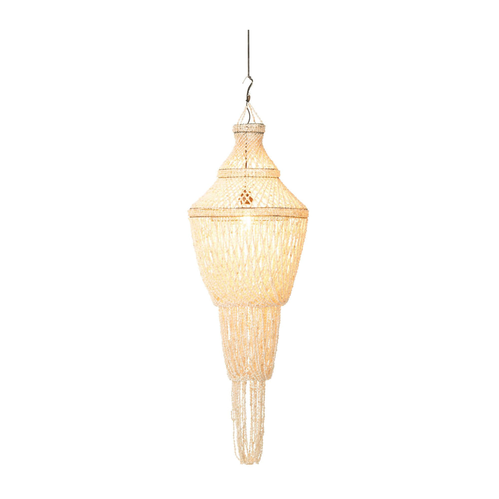 Lit Woven Botuto round ceiling lamp pendant light on a white background