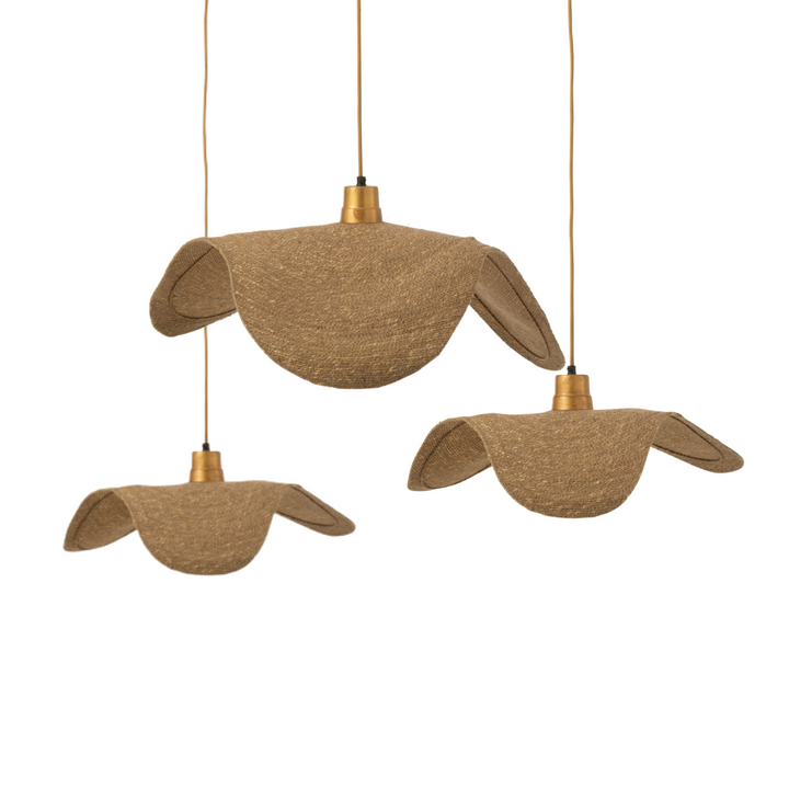  View of Boucan ceiling lamp´s 3 sizes showing jute texture and curved design.